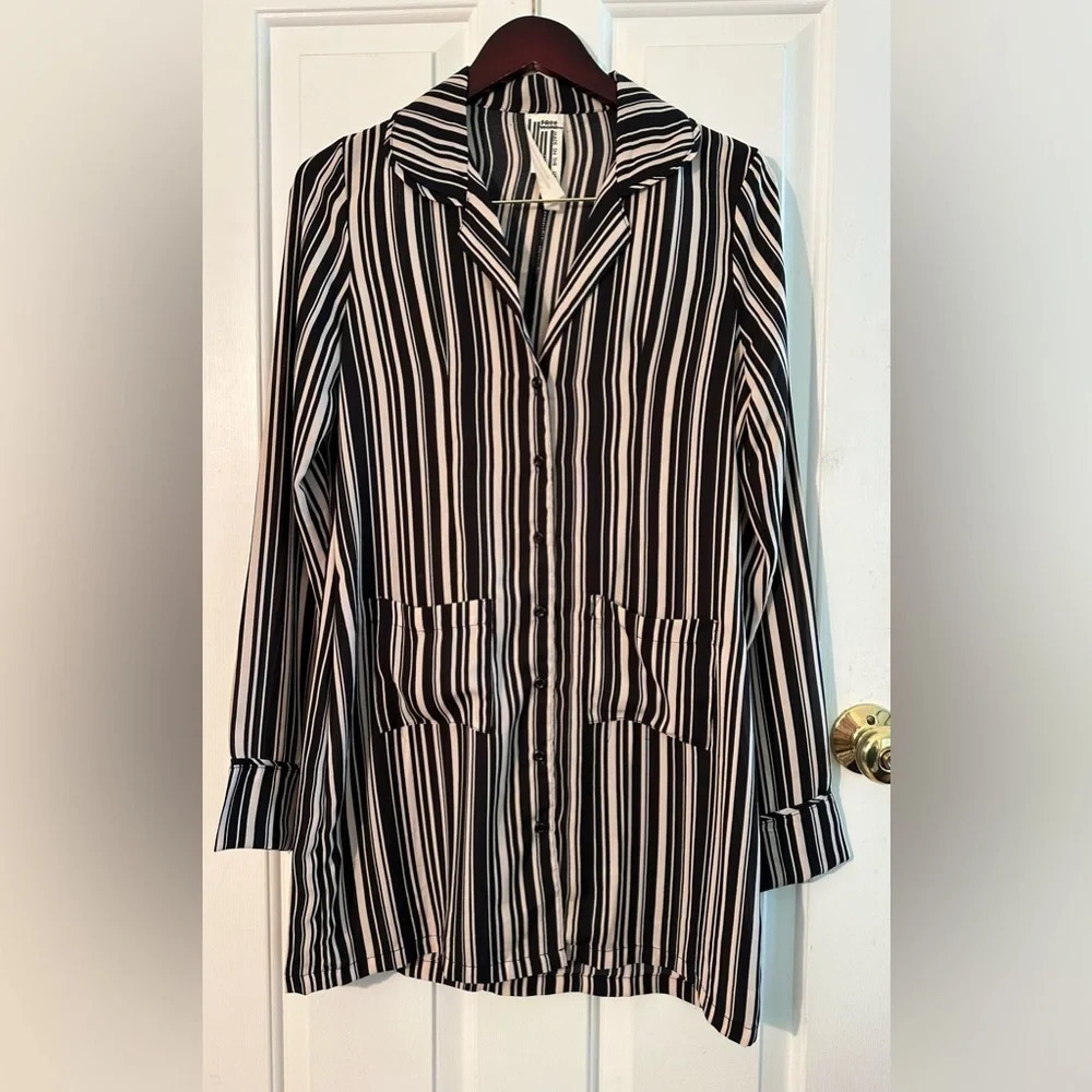 Retro FREE PEOPLE Vertical Stripe Shirt Dress Black Cream Size Small Button Down